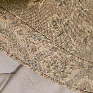 Two Beige Floral Border Curtain Valances with Soft Blue Accents